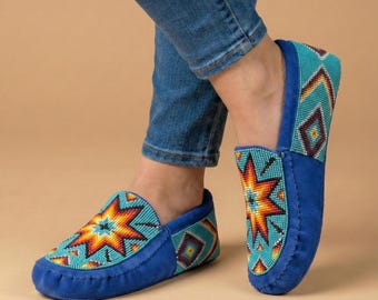 Handmade Leather Moccasins. Stylish Beaded Loafer Shoes with Soft Sole For Women.