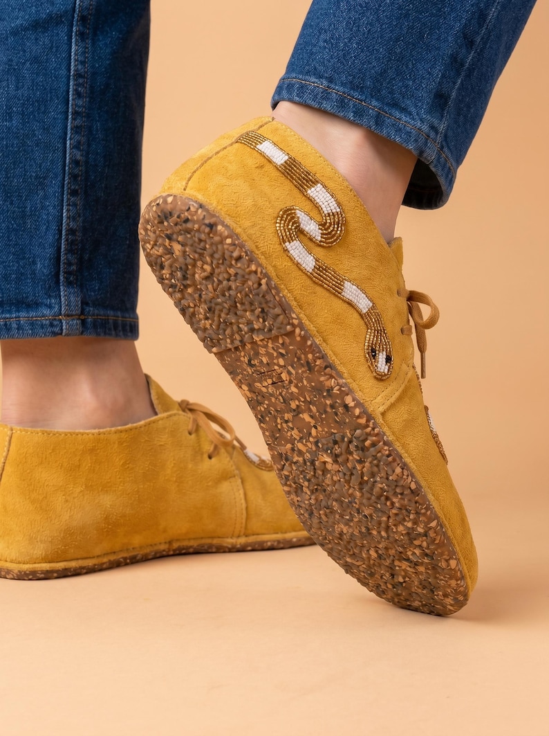 Womens Beaded Snake Suede Moccasins. Lace Up Shoes Suitable For Outdoor Wear. Summer Gift For Her. image 3