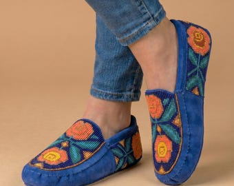 Handmade Beaded Leather Moccasins with Soft Sole. Stylish Slip On Loafer Shoes For Women