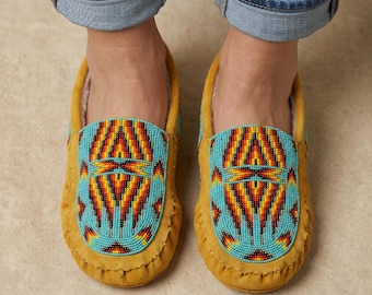 Handmade Beaded Leather Moccasins with Soft Sole. Stylish Slip On Shoes For Women.