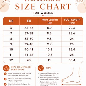 May include: A size chart for women's moccasins, displaying US and EU sizes with corresponding foot lengths in inches and centimeters. Includes instructions on how to measure your foot and tips for the best fit. The chart ranges from US size 6 to 12.
