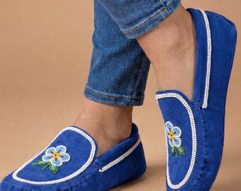 Hand-Stitched Blue Suede Moccasins – Handmade Floral Beaded Leather Loafers For Women