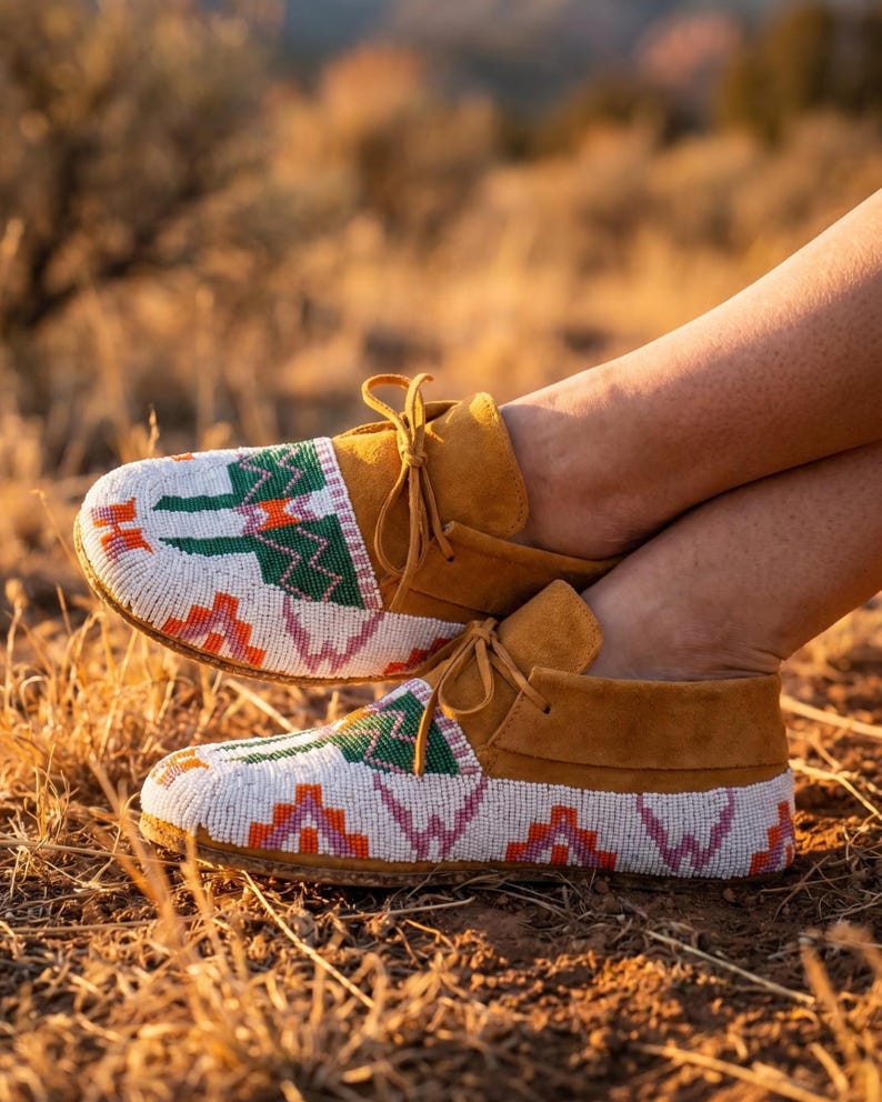 Pu&ograve; includere: Mocassini in camoscio color cuoio con tomaia e pannelli laterali in perline bianche decorati da un motivo geometrico verde, arancione e rosa. Le scarpe presentano una chiusura con lacci sottili in camoscio e una suola piatta e flessibile.