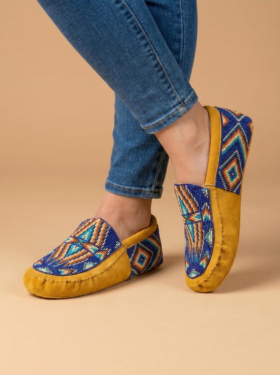 Handmade Leather Moccasins. Stylish Beaded Sueded Loafer Shoes with Soft Sole For Women.