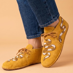 Womens Beaded Snake Suede Moccasins. Lace Up Shoes Suitable For Outdoor Wear. Summer Gift For Her. image 1