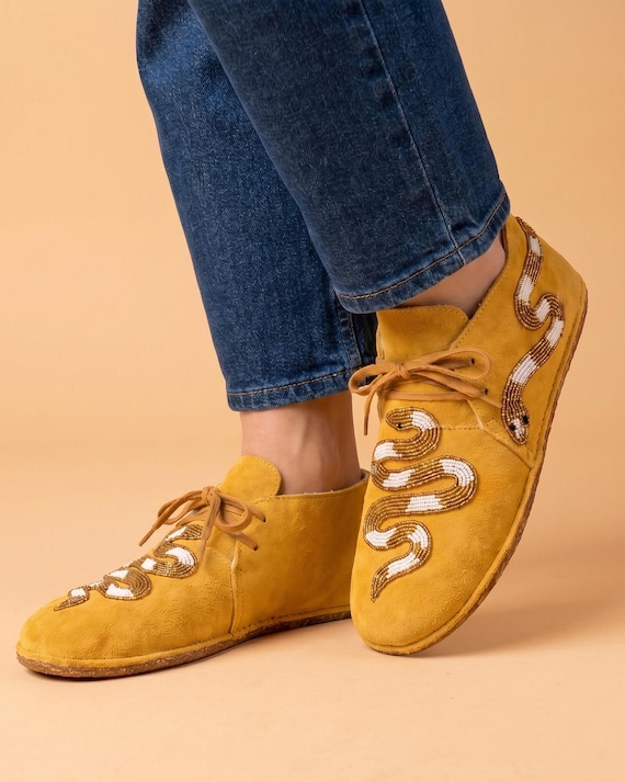 Womens Beaded Snake Suede Moccasins. Lace Up Shoes Suitable For Outdoor Wear. Summer Gift For Her.