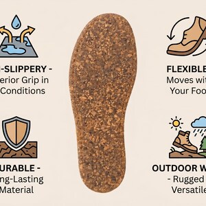 Op de afbeelding: Bruine kurken binnenzool met tekst die de eigenschappen beschrijft: antislip, flexibel, duurzaam en geschikt voor buiten. De zool biedt superieure grip en is gemaakt van duurzaam materiaal.