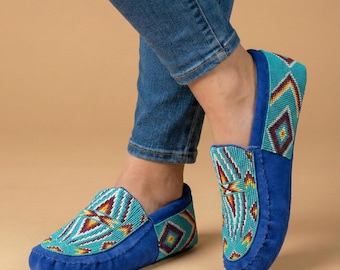 Handmade Leather Moccasins. Beaded Loafer Shoes For Women with Soft Sole.