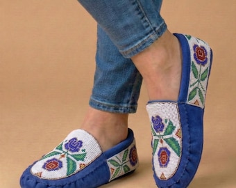 Handmade Leather Moccasins. Stylish Beaded Sueded Loafer Shoes with Soft Sole For Women.