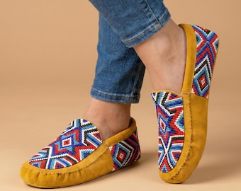 Handmade Leather Moccasins. Stylish Beaded Sueded Loafer Shoes with Soft Sole For Women.