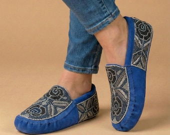 Handmade Leather Moccasins. Stylish Beaded Sueded Loafer Shoes with Soft Sole For Women.
