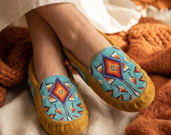 Handmade Beaded Leather Moccasins with Soft Sole. Stylish Shoes For Women.