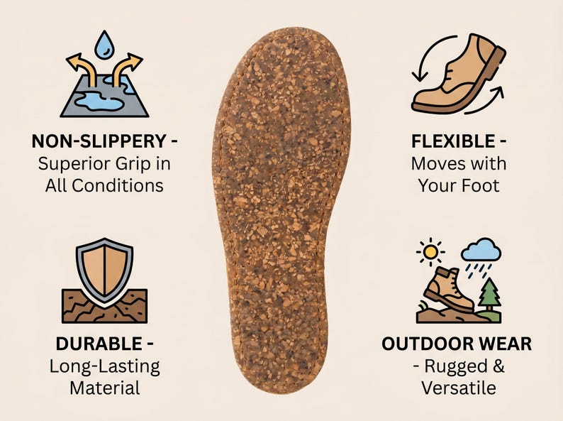 Pu&ograve; includere: Una suola per scarpe in sughero marrone al centro di quattro icone ed etichette di testo: NON-SLIPPERY - Superior Grip in All Conditions, FLEXIBLE - Moves with Your Foot, DURABLE - Long-Lasting Material e OUTDOOR WEAR - Rugged & Versatile.