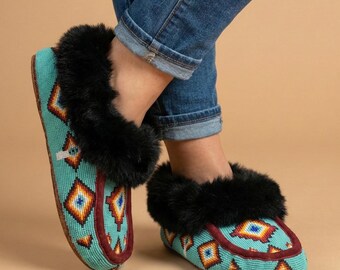 Handmade Beaded Moccasins. Slip on Fur Lining Comfortable Shoes For Women. Gift For Her