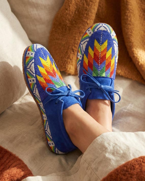 Handmade Beaded Suede Moccasins: Blue Lace-Up Leather Footwear For Women