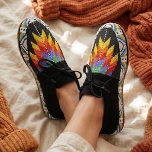 Rainbow Beaded Outdoors and Dancing Black Suede Moccasins. Artisan inspired Leather Lace-up Shoes For Women. Gift For Her.