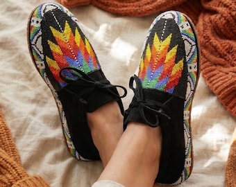 Rainbow Beaded Outdoors and Dancing Black Suede Moccasins. Artisan inspired Leather Lace-up Shoes For Women. Gift For Her.