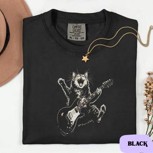 Rock Cat Shirt, Vintage Sketch Guitarist Skeleton Washed Unisex Cotton Oversized Pepper Tee