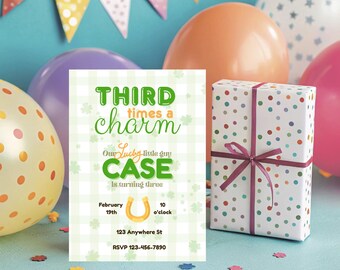 Third Times a Charm Birthday Invitation Lucky St. Patricks Day Three Editable Template