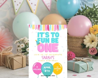 It's Fun to be One First Birthday Party Invitation Editable Template Colorful