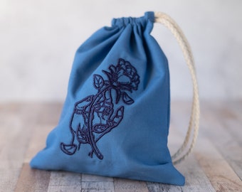 Blue Rose and Hand Drawstring Bag for Tarot Card Storage, Esoteric, Occult, Witch, Altar, Mystical, Pagan, Psychic, Wicca, LARP, Roleplay