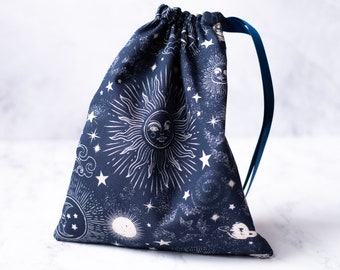 Witchy Celestial Drawstring Dice or Tarot Bag - Sun, Moon, Stars, Esoteric, Pagan, Wicca, Mystical, Occult, Mystical, Spiritual