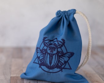 Blue Scarab Drawstring Bag for Tarot Card Storage, Esoteric, Occult, Witch, Altar, Mystical, Pagan, Psychic, Wicca, LARP, Roleplay