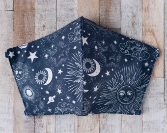 Zodiac Celestial Navy Blue Cotton Washable Face Mask - Handmade in the UK and Ready to Ship