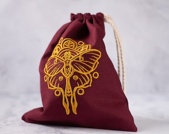 Bolsa de cuerda de polilla Luna roja y dorada para almacenamiento de cartas de Tarot, esotérica, oculta, bruja, altar, místico, pagano, psíquico, wicca, LARP