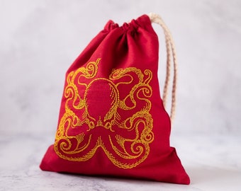 Red and Gold Cthulhu octopus dice pouch for tarot cards, LARP, SCA, roleplaying, or tabletop gaming