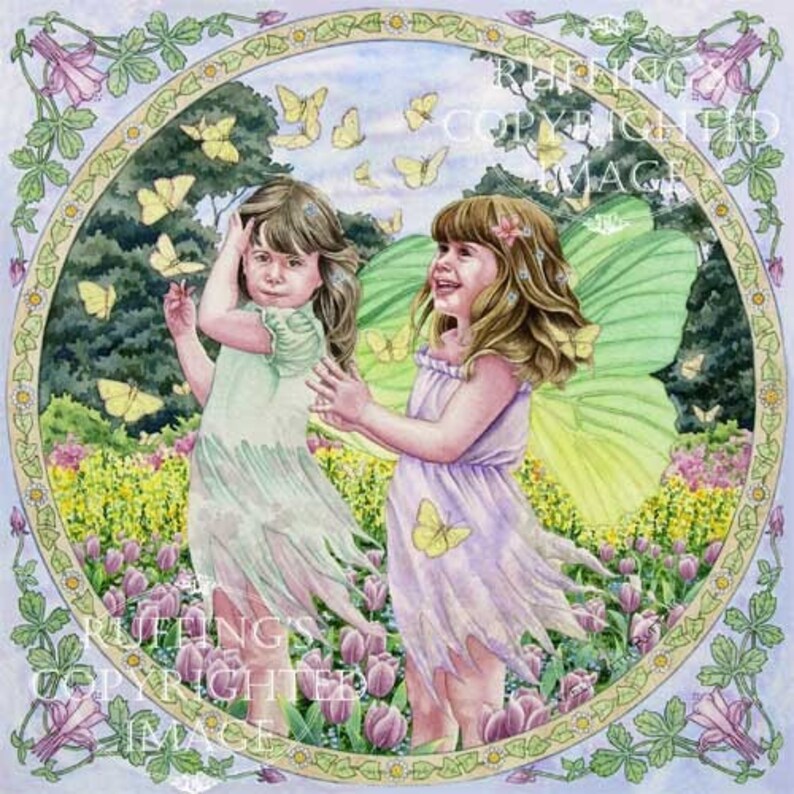 Fairies Butterflies Tulips Fine Art Fantasy Print Yellow Green Floral Border Signed Elizabeth Ruffing On 85 X 11 Inch Art Paper