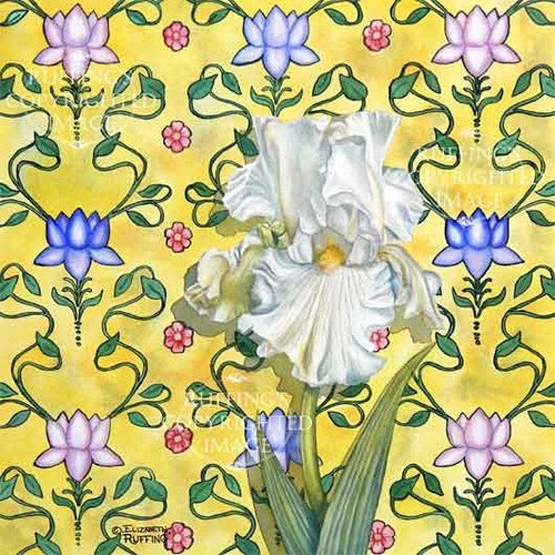Weiße Iris auf gelben Blumen Jugendstil Wallpaper Muster ...