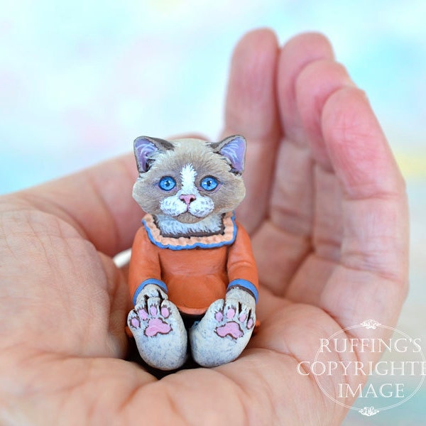 Cat Art Doll, OOAK Original Bi-color Ragdoll Kitten, Miniature Hand Painted Folk Art Figurine Sculpture, Calypso by Max Bailey