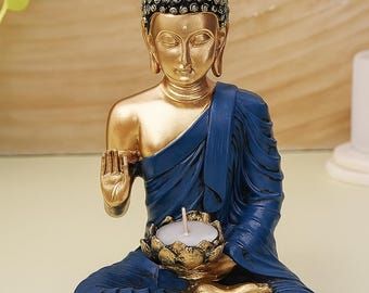 Blau & Gold Buddha Kerzenhalter - Meditierende Harzfigur