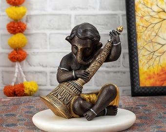 Resin Ganesha Statue with Veena | Antique Bronze & Gold Home Decor