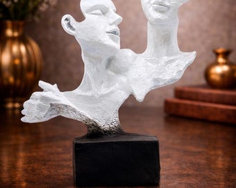 Abstract Couple Face Sculpture – Modern White Resin Art Statue – 9.5 Inch Contemporary Home Decor – Romantic Artistic Table Accent