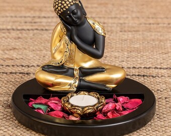 Thai Buddha Tealight Holder | Black & Gold Resin Figurine