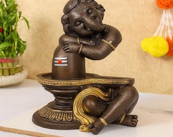 Baby Ganesha Shivling Statue | Bronze Resin Hindu God Idol