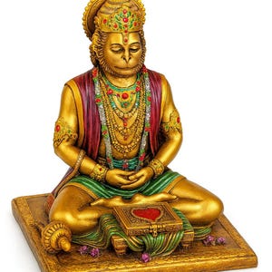 May include: A gold-colored statue of a seated deity with a monkey-like face, adorned with ornate jewelry and a headdress. The figure wears a red and green garment and sits on a gold-colored base, with a small box in front.