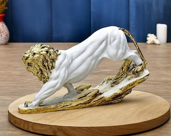 White Gold Lion Statue – Antique Resin Figurine, Regal Home Decor (24Lx10Wx13H cm)
