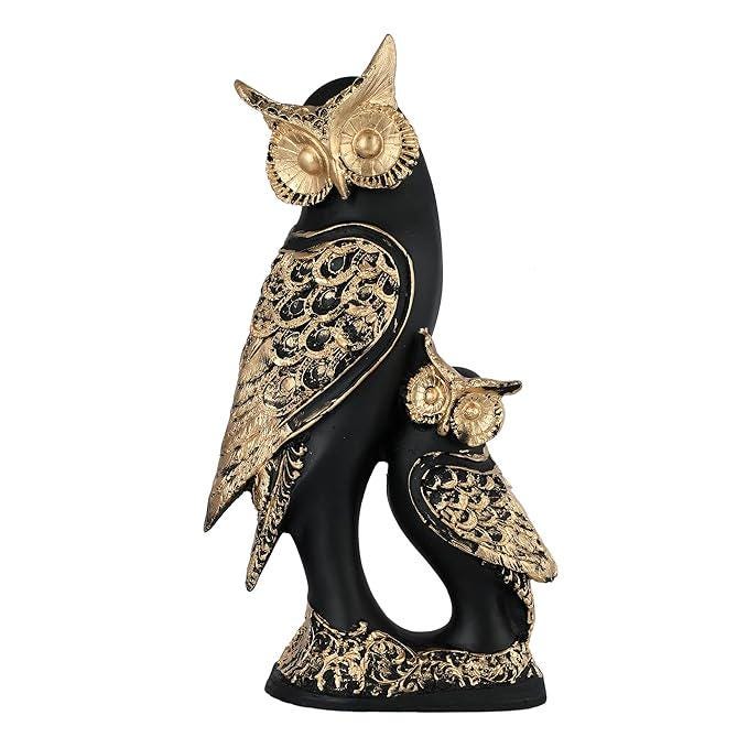 Black & Gold Owl Statue | Elegant Resin Showpiece, Feng Shui Decor