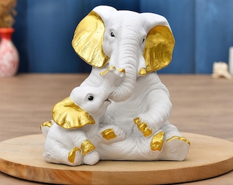 White & Gold Elephant Family Figurine – Resin Home Decor