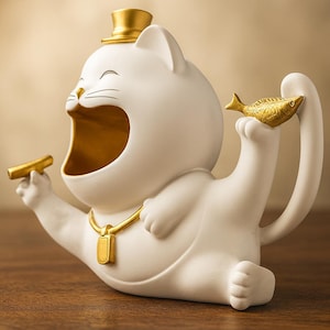 May include: A whimsical white cat figurine with a gold top hat and a gold-colored cigar. The cat is holding a gold fish and has a gold-colored necklace. The cat's mouth is open, and the inside is gold-colored.