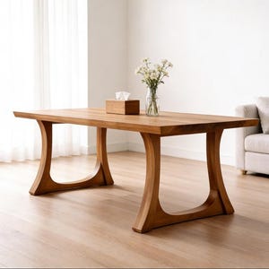 Matbord i massiv ek, skulpturalt bord med dubbel U-bas, rektangulärt matbord i Wabi Sabi, moderna köksbord i trä från Japandi