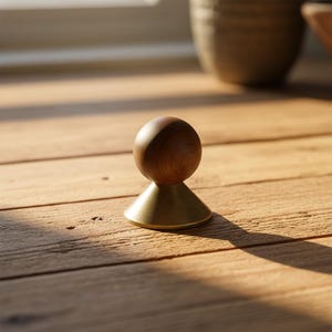 May include: A decorative object featuring a wooden sphere atop a brass cone. The wood is a deep brown, and the brass has a golden tone. The object is placed on a wooden surface.