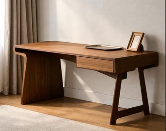 Biurko z orzecha włoskiego z szufladą z połowy XX wieku, biurko z litego drewna, biurko do gabinetu MCM, biurko do nauki z rzeźbioną podstawą, prezent na nowoczesne biurko do pracy