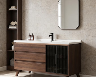 Badezimmer Eitelkeit in Nussbaum mit Keramik Waschbecken, freistehender Schrank aus Massivholz, Moderne Waschtisch Aufbewahrungseinheit