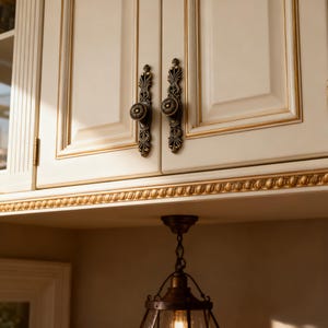 May include: Cream-coloured kitchen cabinets with gold trim and ornate, dark bronze handles. The cabinet doors have a raised panel design. A decorative gold trim runs along the bottom of the cabinets.