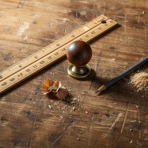 May include: A wooden ruler, a dark brown wooden knob with a brass base, and a sharpened pencil rest on a distressed wooden surface. Wood shavings are scattered around the pencil. The ruler is marked with centimetres.