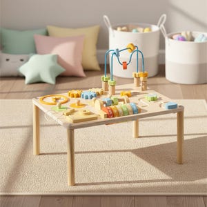 May include: Wooden activity table with various colorful shapes, gears, and a bead maze. The table has light wood legs and a light-colored surface. The table is designed for children's play and learning. Baskets and pillows are in the background.